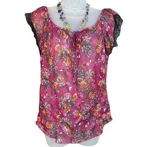 Self Esteem‎ Y2K Women's Med Semi Sheer Floral Blouse Whimsical Romantic 90s